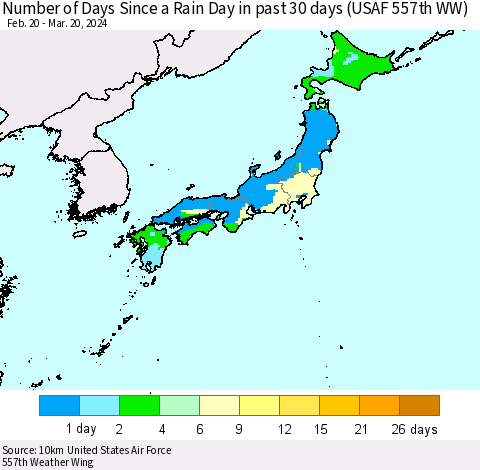 Japan Number of Days Since a Rain Day in past 30 days (USAF 557th WW) Thematic Map For 3/16/2024 - 3/20/2024