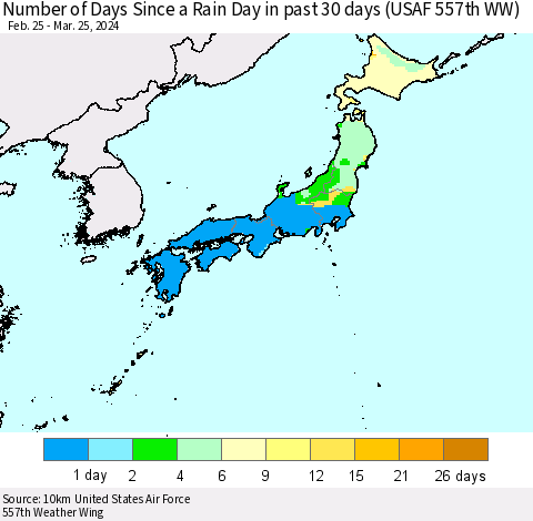 Japan Number of Days Since a Rain Day in past 30 days (USAF 557th WW) Thematic Map For 3/21/2024 - 3/25/2024