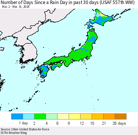 Japan Number of Days Since a Rain Day in past 30 days (USAF 557th WW) Thematic Map For 3/26/2024 - 3/31/2024