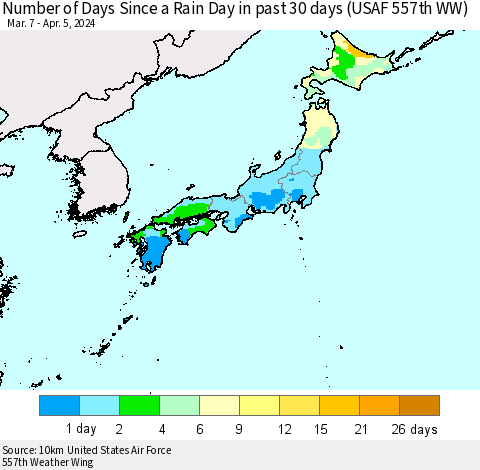 Japan Number of Days Since a Rain Day in past 30 days (USAF 557th WW) Thematic Map For 4/1/2024 - 4/5/2024