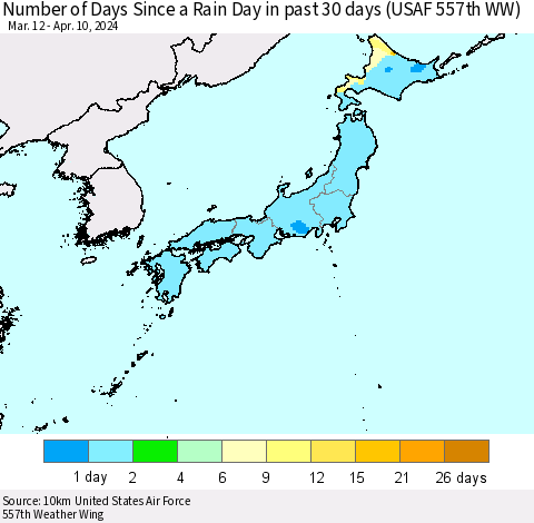 Japan Number of Days Since a Rain Day in past 30 days (USAF 557th WW) Thematic Map For 4/6/2024 - 4/10/2024