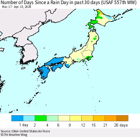 Japan Number of Days Since a Rain Day in past 30 days (USAF 557th WW) Thematic Map For 4/11/2024 - 4/15/2024