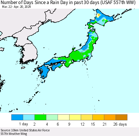 Japan Number of Days Since a Rain Day in past 30 days (USAF 557th WW) Thematic Map For 4/16/2024 - 4/20/2024