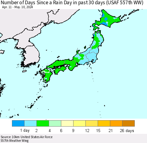 Japan Number of Days Since a Rain Day in past 30 days (USAF 557th WW) Thematic Map For 5/6/2024 - 5/10/2024