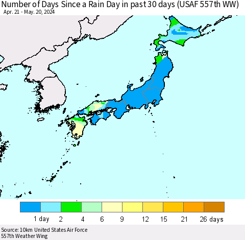 Japan Number of Days Since a Rain Day in past 30 days (USAF 557th WW) Thematic Map For 5/16/2024 - 5/20/2024