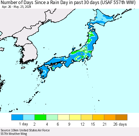Japan Number of Days Since a Rain Day in past 30 days (USAF 557th WW) Thematic Map For 5/21/2024 - 5/25/2024