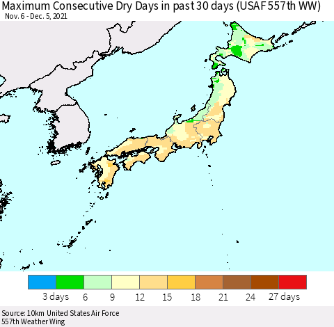 Japan Maximum Consecutive Dry Days in past 30 days (USAF 557th WW) 12/05/2021 Thematic Map For 12/1/2021 - 12/5/2021