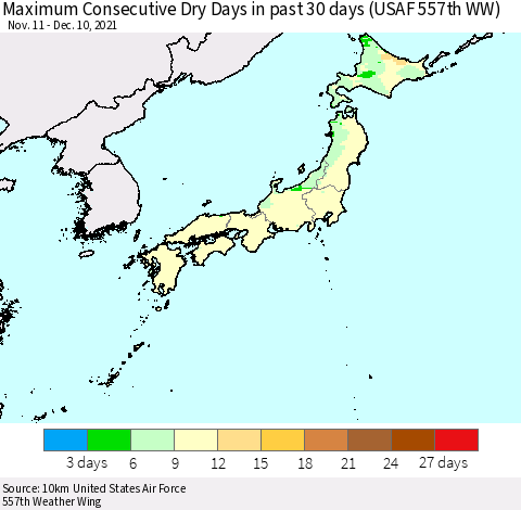 Japan Maximum Consecutive Dry Days in past 30 days (USAF 557th WW) 12/10/2021 Thematic Map For 12/6/2021 - 12/10/2021