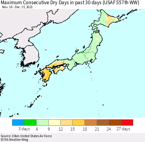 Japan Maximum Consecutive Dry Days in past 30 days (USAF 557th WW) 12/15/2021 Thematic Map For 12/11/2021 - 12/15/2021