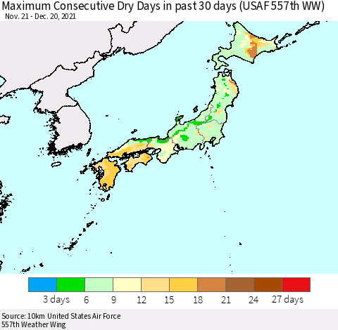 Japan Maximum Consecutive Dry Days in past 30 days (USAF 557th WW) 12/20/2021 Thematic Map For 12/16/2021 - 12/20/2021