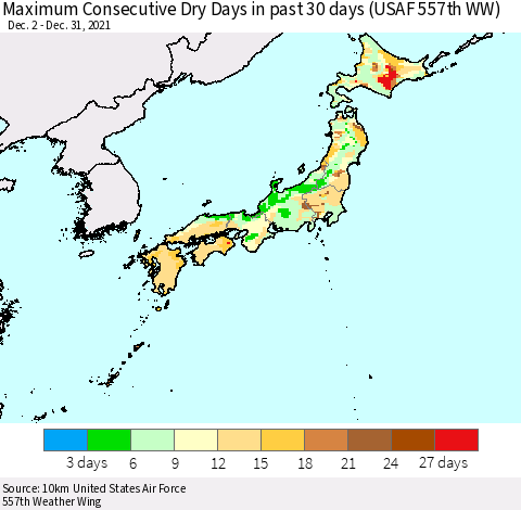 Japan Maximum Consecutive Dry Days in past 30 days (USAF 557th WW) 12/31/2021 Thematic Map For 12/26/2021 - 12/31/2021