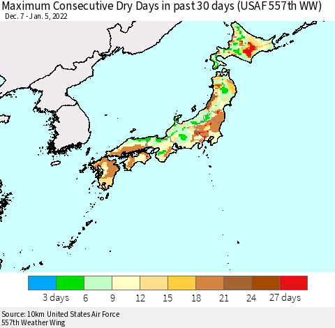 Japan Maximum Consecutive Dry Days in past 30 days (USAF 557th WW) 01/05/2022 Thematic Map For 1/1/2022 - 1/5/2022