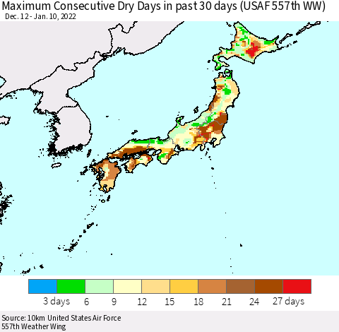 Japan Maximum Consecutive Dry Days in past 30 days (USAF 557th WW) 01/10/2022 Thematic Map For 1/6/2022 - 1/10/2022