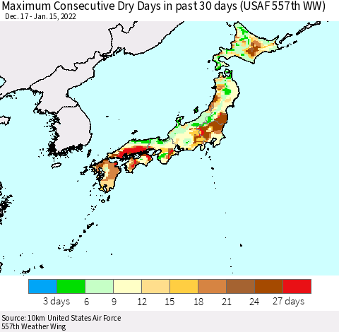Japan Maximum Consecutive Dry Days in past 30 days (USAF 557th WW) 01/15/2022 Thematic Map For 1/11/2022 - 1/15/2022
