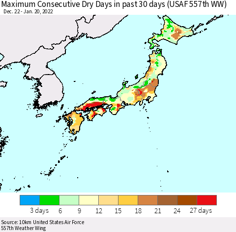 Japan Maximum Consecutive Dry Days in past 30 days (USAF 557th WW) 01/20/2022 Thematic Map For 1/16/2022 - 1/20/2022
