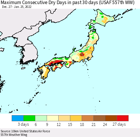 Japan Maximum Consecutive Dry Days in past 30 days (USAF 557th WW) 01/25/2022 Thematic Map For 1/21/2022 - 1/25/2022
