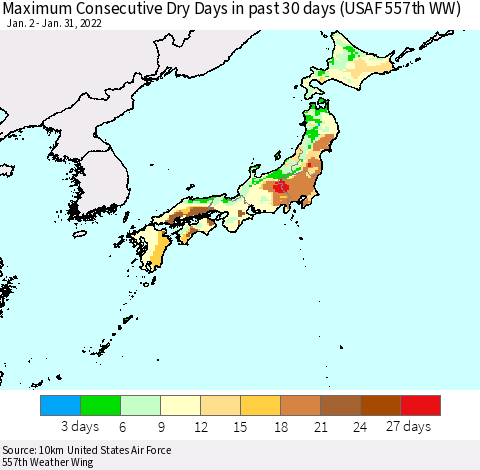 Japan Maximum Consecutive Dry Days in past 30 days (USAF 557th WW) 01/31/2022 Thematic Map For 1/26/2022 - 1/31/2022
