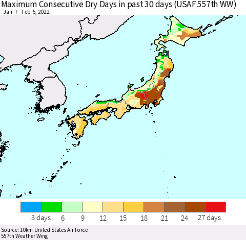 Japan Maximum Consecutive Dry Days in past 30 days (USAF 557th WW) 02/05/2022 Thematic Map For 2/1/2022 - 2/5/2022