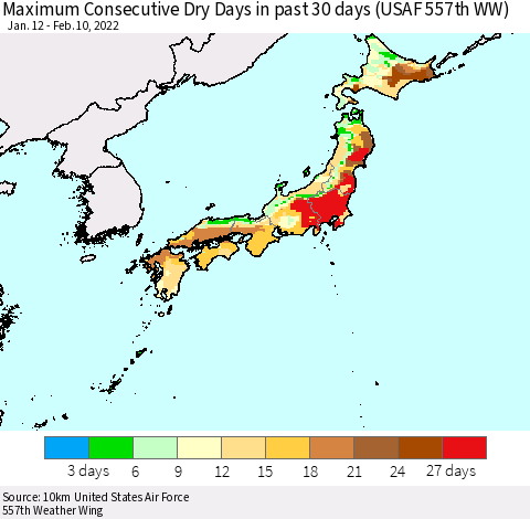 Japan Maximum Consecutive Dry Days in past 30 days (USAF 557th WW) 02/10/2022 Thematic Map For 2/6/2022 - 2/10/2022