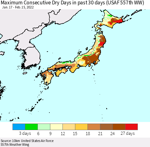 Japan Maximum Consecutive Dry Days in past 30 days (USAF 557th WW) 02/15/2022 Thematic Map For 2/11/2022 - 2/15/2022