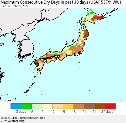 Japan Maximum Consecutive Dry Days in past 30 days (USAF 557th WW) 02/20/2022 Thematic Map For 2/16/2022 - 2/20/2022