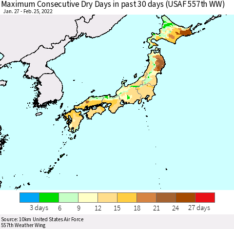 Japan Maximum Consecutive Dry Days in past 30 days (USAF 557th WW) 02/25/2022 Thematic Map For 2/21/2022 - 2/25/2022