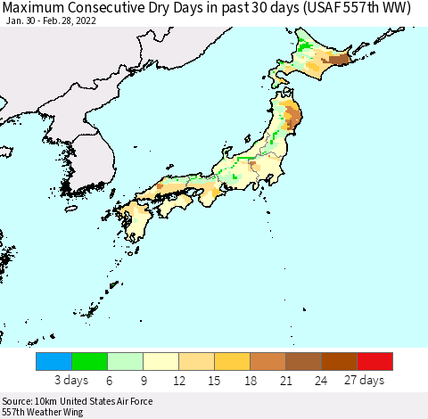 Japan Maximum Consecutive Dry Days in past 30 days (USAF 557th WW) 02/28/2022 Thematic Map For 2/26/2022 - 2/28/2022