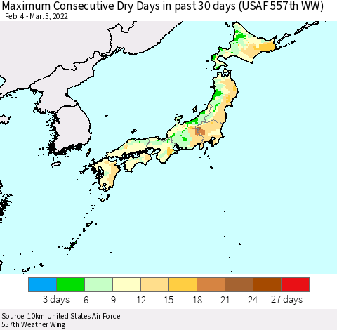 Japan Maximum Consecutive Dry Days in past 30 days (USAF 557th WW) 03/05/2022 Thematic Map For 3/1/2022 - 3/5/2022