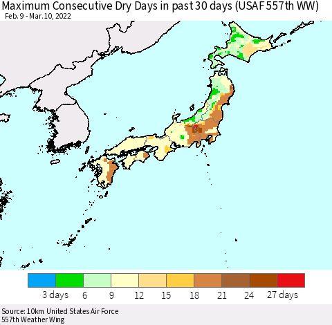 Japan Maximum Consecutive Dry Days in past 30 days (USAF 557th WW) 03/10/2022 Thematic Map For 3/6/2022 - 3/10/2022