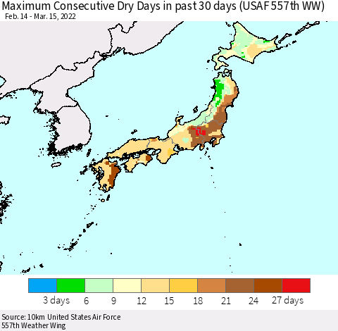 Japan Maximum Consecutive Dry Days in past 30 days (USAF 557th WW) 03/15/2022 Thematic Map For 3/11/2022 - 3/15/2022