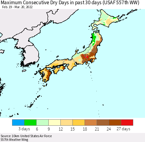 Japan Maximum Consecutive Dry Days in past 30 days (USAF 557th WW) 03/20/2022 Thematic Map For 3/16/2022 - 3/20/2022