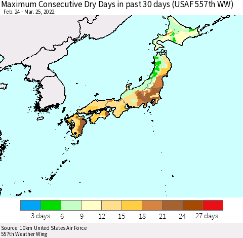 Japan Maximum Consecutive Dry Days in past 30 days (USAF 557th WW) 03/25/2022 Thematic Map For 3/21/2022 - 3/25/2022
