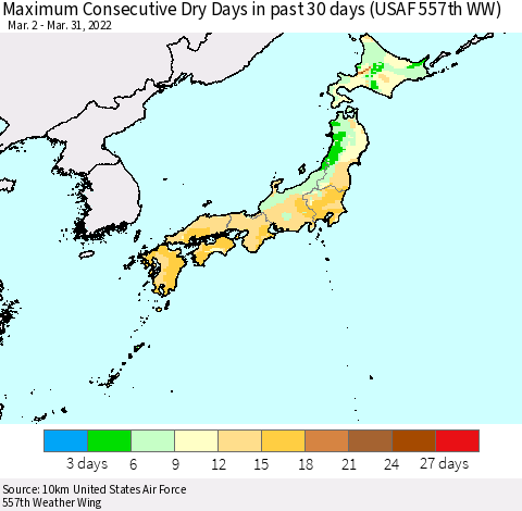 Japan Maximum Consecutive Dry Days in past 30 days (USAF 557th WW) 03/31/2022 Thematic Map For 3/26/2022 - 3/31/2022