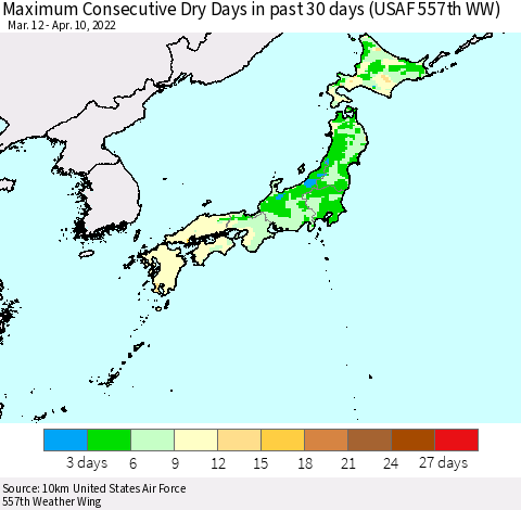 Japan Maximum Consecutive Dry Days in past 30 days (USAF 557th WW) 04/10/2022 Thematic Map For 4/6/2022 - 4/10/2022