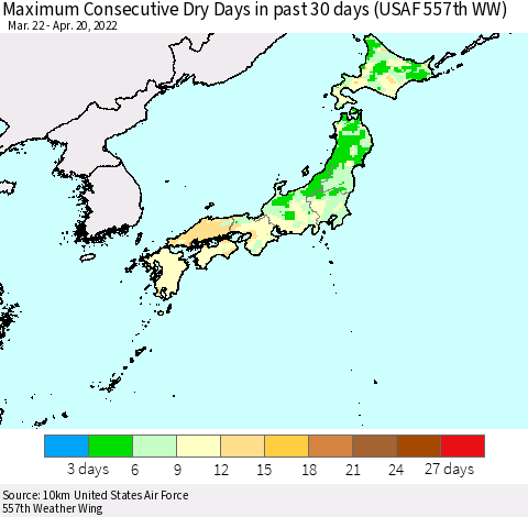 Japan Maximum Consecutive Dry Days in past 30 days (USAF 557th WW) 04/20/2022 Thematic Map For 4/16/2022 - 4/20/2022