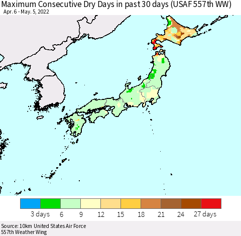 Japan Maximum Consecutive Dry Days in past 30 days (USAF 557th WW) 05/05/2022 Thematic Map For 5/1/2022 - 5/5/2022