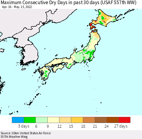 Japan Maximum Consecutive Dry Days in past 30 days (USAF 557th WW) 05/15/2022 Thematic Map For 5/11/2022 - 5/15/2022