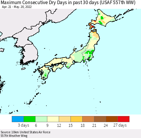 Japan Maximum Consecutive Dry Days in past 30 days (USAF 557th WW) 05/20/2022 Thematic Map For 5/16/2022 - 5/20/2022