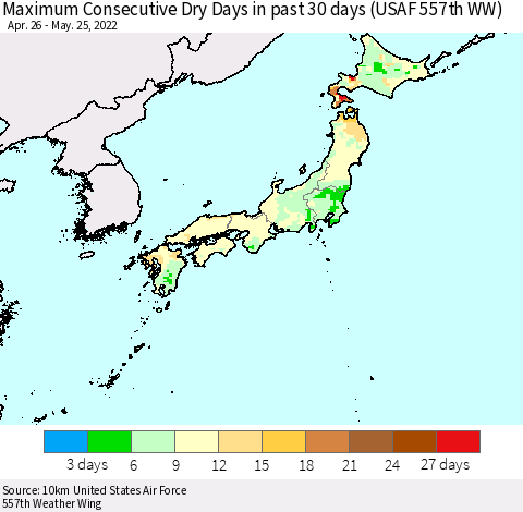 Japan Maximum Consecutive Dry Days in past 30 days (USAF 557th WW) 05/25/2022 Thematic Map For 5/21/2022 - 5/25/2022