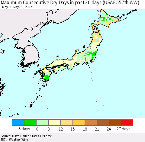 Japan Maximum Consecutive Dry Days in past 30 days (USAF 557th WW) 05/31/2022 Thematic Map For 5/26/2022 - 5/31/2022