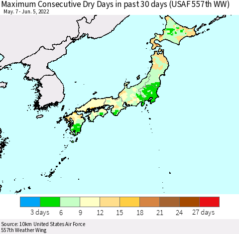 Japan Maximum Consecutive Dry Days in past 30 days (USAF 557th WW) 06/05/2022 Thematic Map For 6/1/2022 - 6/5/2022