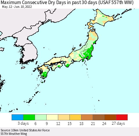Japan Maximum Consecutive Dry Days in past 30 days (USAF 557th WW) 06/10/2022 Thematic Map For 6/6/2022 - 6/10/2022