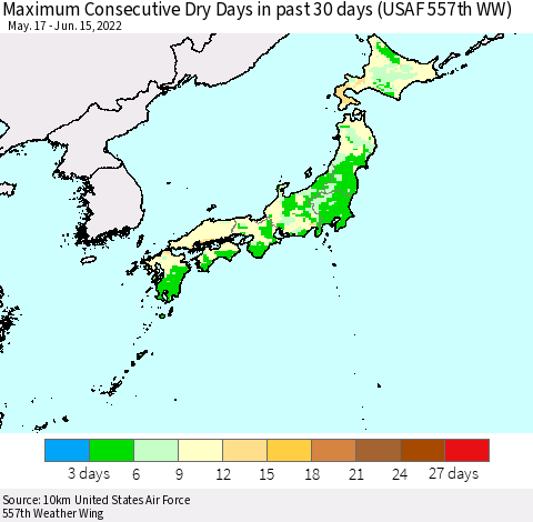 Japan Maximum Consecutive Dry Days in past 30 days (USAF 557th WW) 06/15/2022 Thematic Map For 6/11/2022 - 6/15/2022