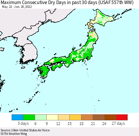 Japan Maximum Consecutive Dry Days in past 30 days (USAF 557th WW) 06/20/2022 Thematic Map For 6/16/2022 - 6/20/2022