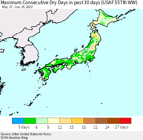 Japan Maximum Consecutive Dry Days in past 30 days (USAF 557th WW) 06/25/2022 Thematic Map For 6/21/2022 - 6/25/2022