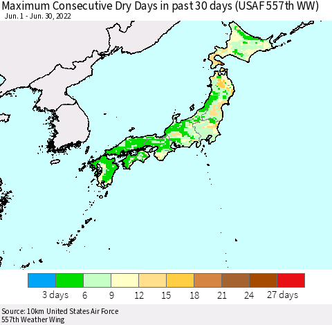Japan Maximum Consecutive Dry Days in past 30 days (USAF 557th WW) 06/30/2022 Thematic Map For 6/26/2022 - 6/30/2022
