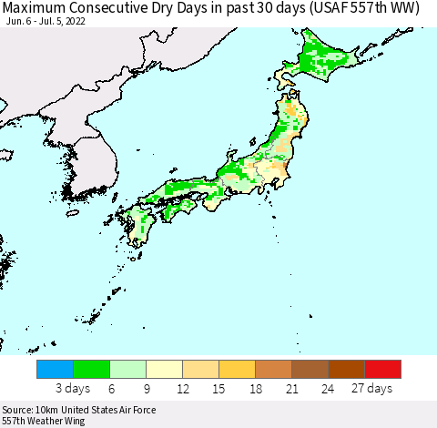 Japan Maximum Consecutive Dry Days in past 30 days (USAF 557th WW) 07/05/2022 Thematic Map For 7/1/2022 - 7/5/2022