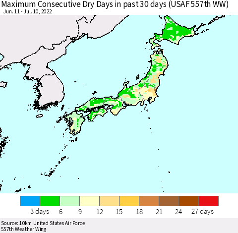 Japan Maximum Consecutive Dry Days in past 30 days (USAF 557th WW) 07/10/2022 Thematic Map For 7/6/2022 - 7/10/2022