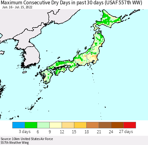 Japan Maximum Consecutive Dry Days in past 30 days (USAF 557th WW) 07/15/2022 Thematic Map For 7/11/2022 - 7/15/2022