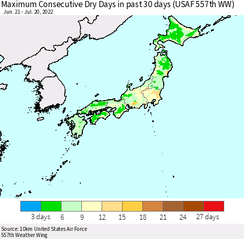Japan Maximum Consecutive Dry Days in past 30 days (USAF 557th WW) 07/20/2022 Thematic Map For 7/16/2022 - 7/20/2022